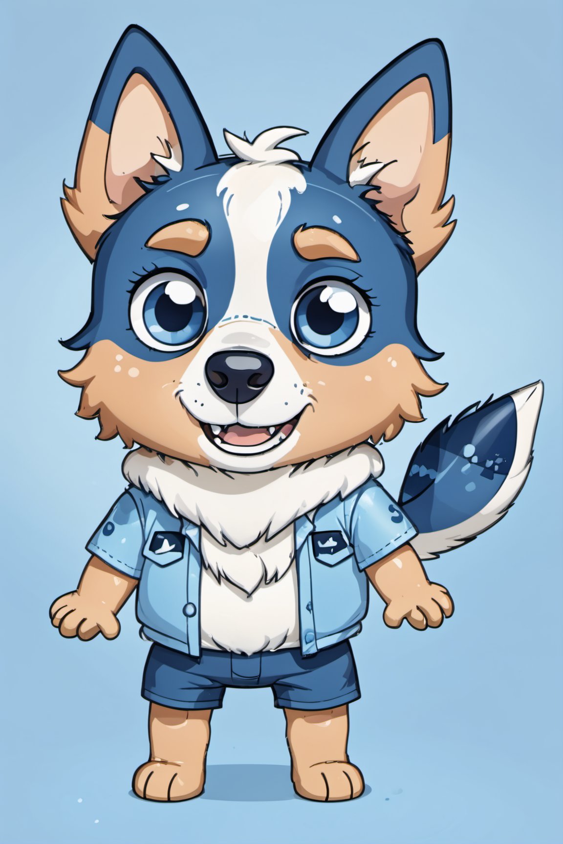 Bluey Style, Bluey Irwin Chibi, blue heeler, blue fur,  solo, looking at viewer, smile, open mouth, simple background, 1boy, animal ears, standing, tail, full body, male focus, black eyes, arms up, blue background, happy, outstretched arms, furry, furry male, body fur, animal nose, two-tone fur, blue fur