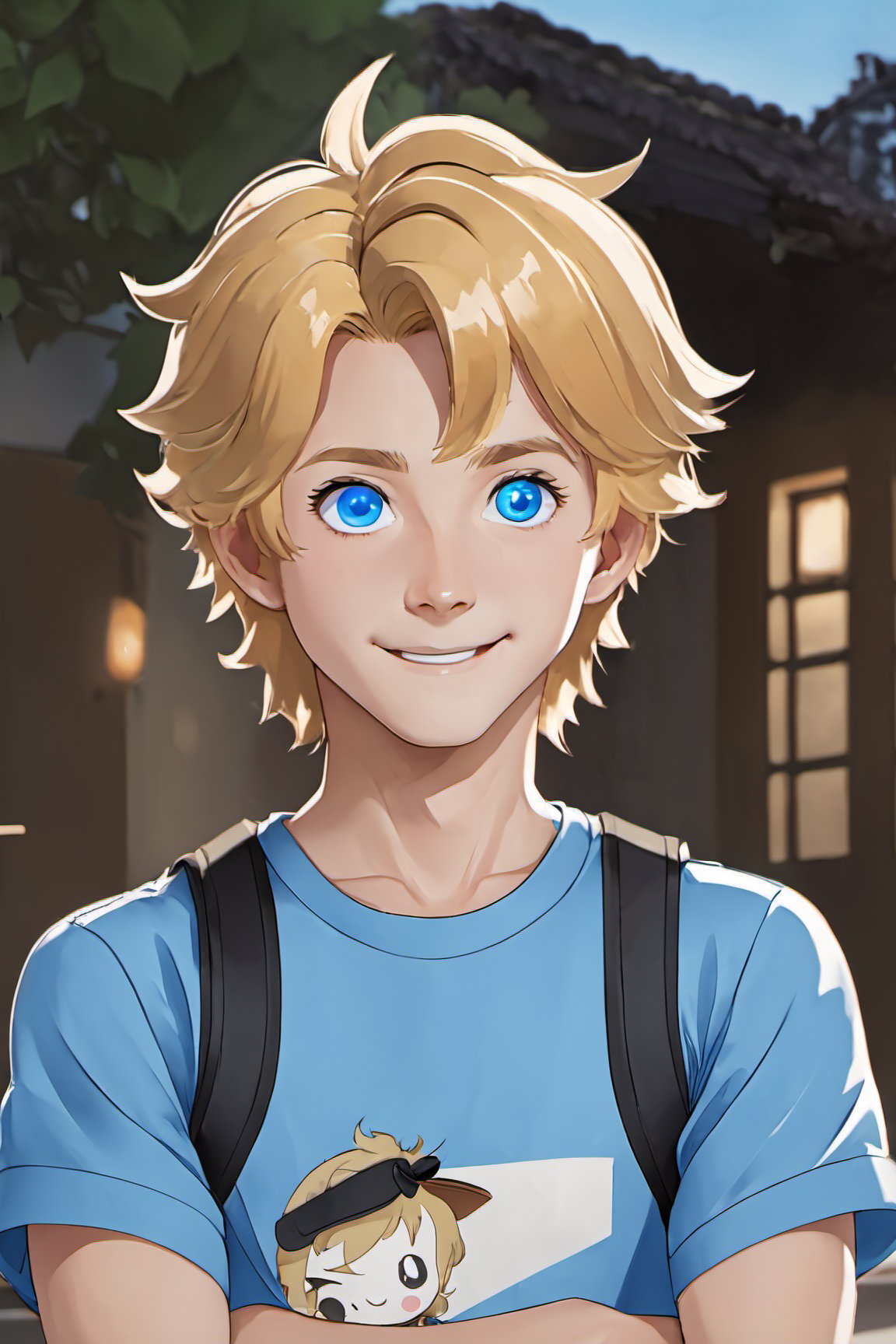 anime avatar of steve irwin, gay man, blonde hair, blue eyes, wearing a tshirt, proud, pride month, happy, goofball, bisexual in denial, formal attire, cel shaded, detailed linework, 1boy, male focus, solo, solo focus,Niji Pride