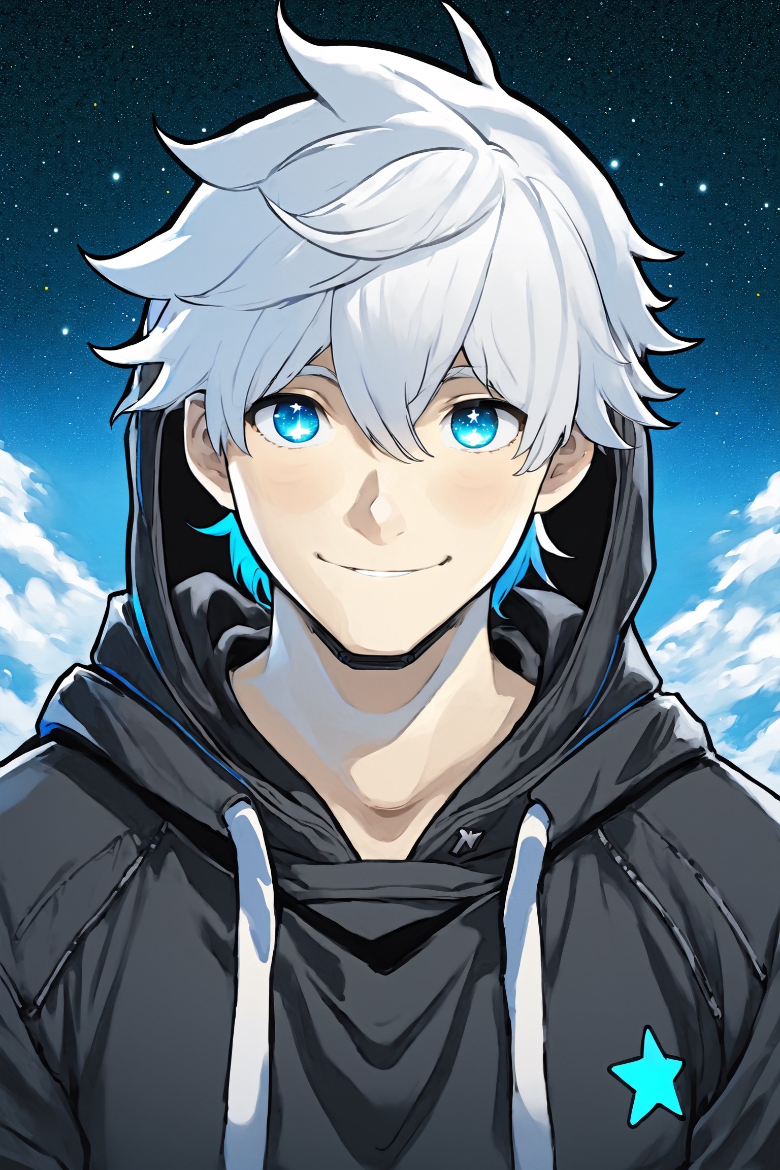 Cyberpunk Style, 1boy, ahoge, bangs, black shirt, blue eyes, closed mouth, glowing, hair between eyes, hands in pockets, hood, hood down, hoodie, jacket, long sleeves, looking at viewer, male focus, shirt, short hair, sky, smile, solo, star (sky), starry sky, upper body, white hair