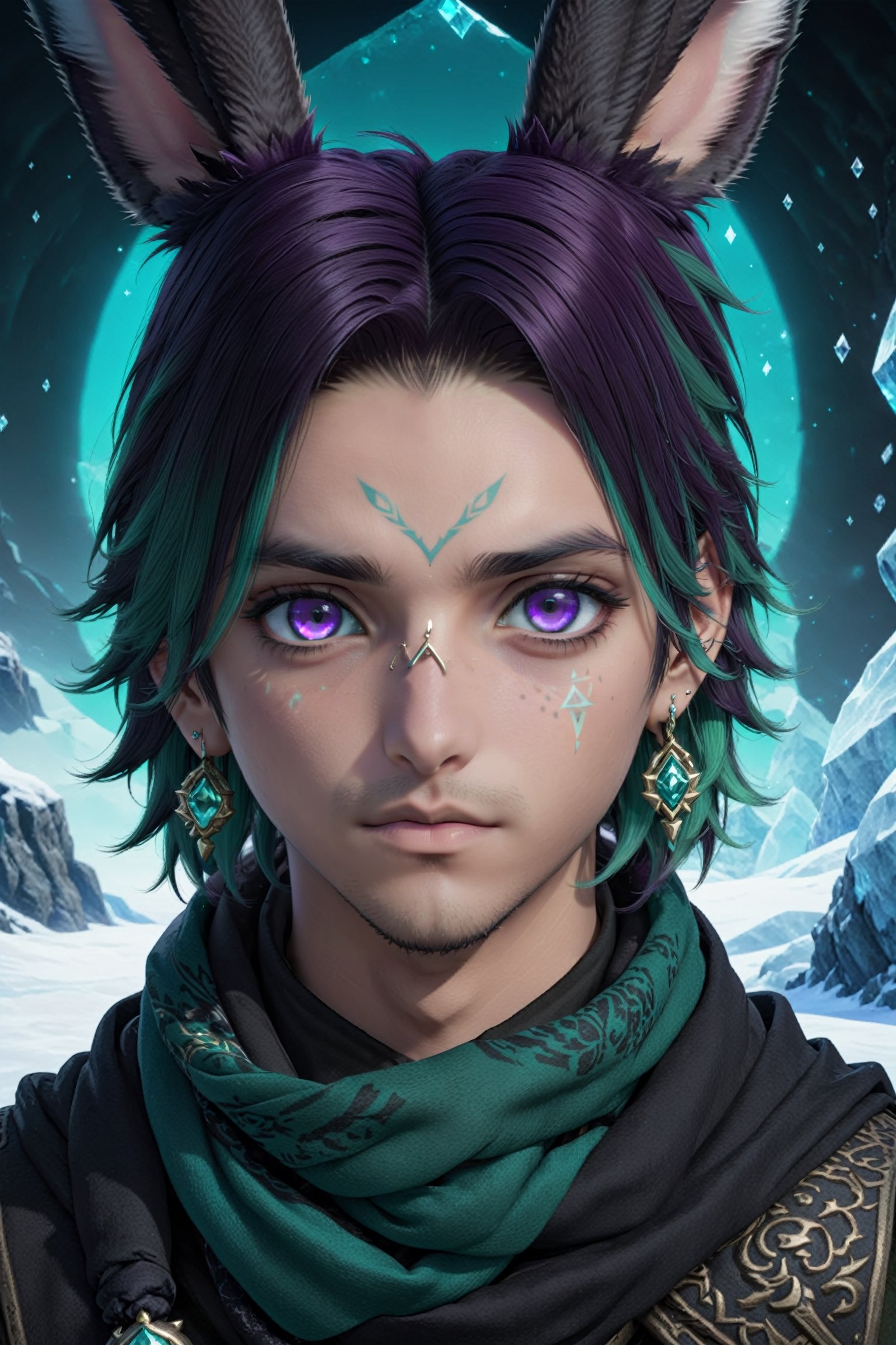 Khitli Viera, 1boy, male focus, solo, looking at viewer, short hair, dark skinned male, ice blue eyes, black hair, green hair, jewelry, closed mouth, earrings, scarf, tattoo, facial mark, rabbit ears, heterochromia, purple eyes, looking above 