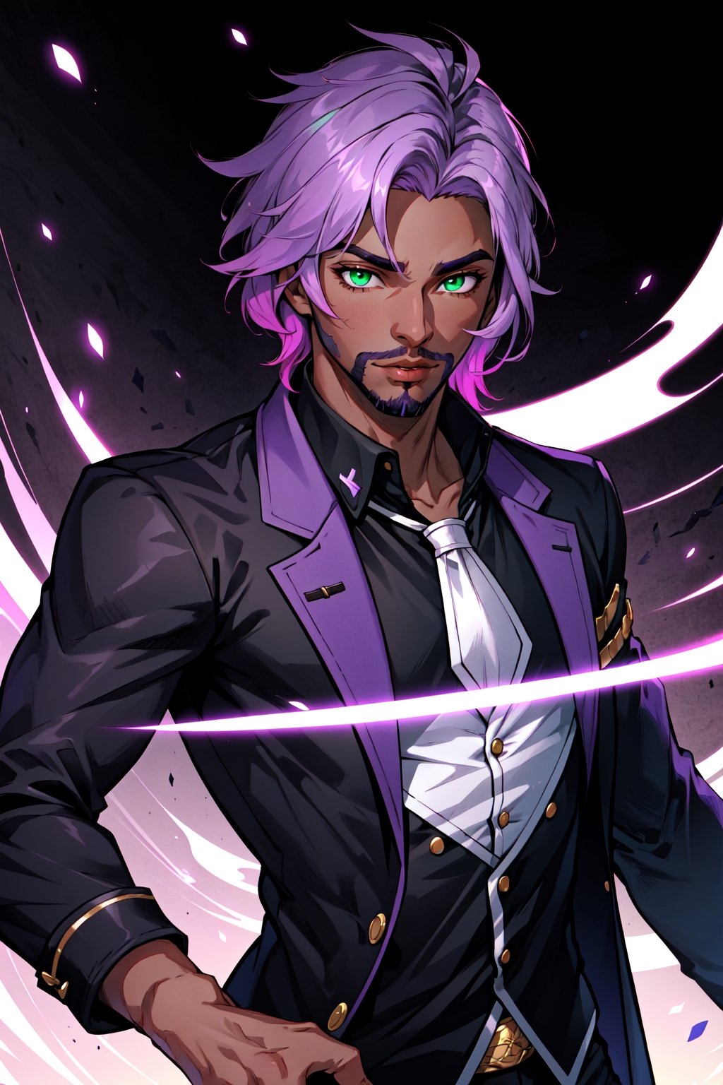 solo, 1boy, male focus,  dark skinned male, dark skin, light purple hair,  green eyes, stubble, goatee, lips, shirt, open_blazer, hyur, specular highlights, gradient, dynamic pose,