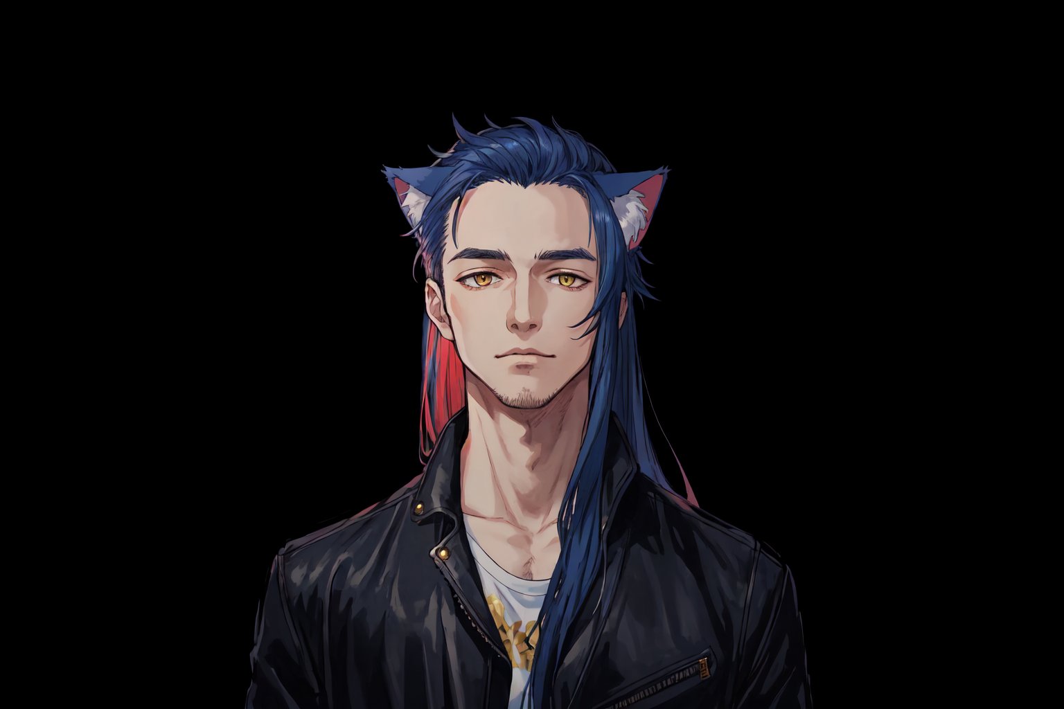 1boy, male focus, long blue hair, cat ears, animal ears, animal ear fluff, gold eyes, leather jacket, tshirt, portrait, upper body