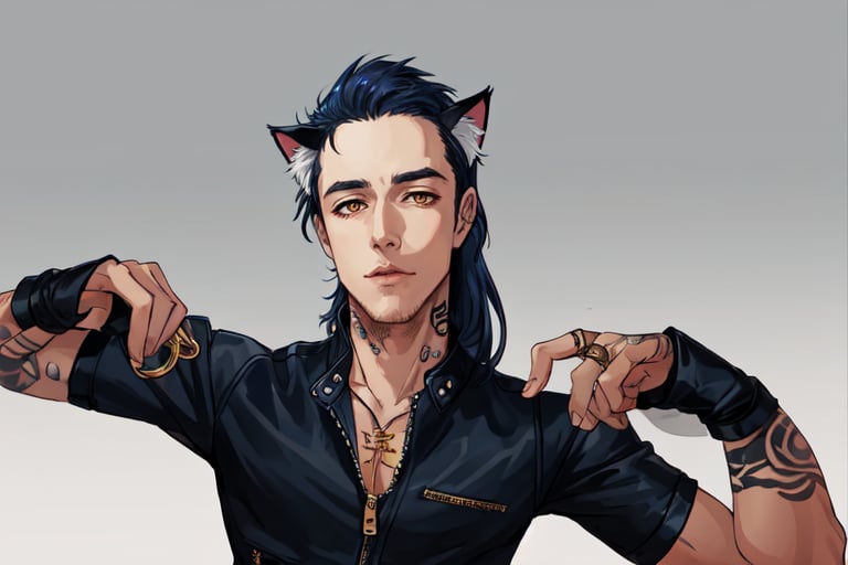 1boy, male focus, long hair, fluffy hair,   navy blue hair, cat ears, animal ears, animal ear fluff, gold eyes, leather jacket, tshirt, portrait, upper body, tattoos, anarchist vibes, clean shaven