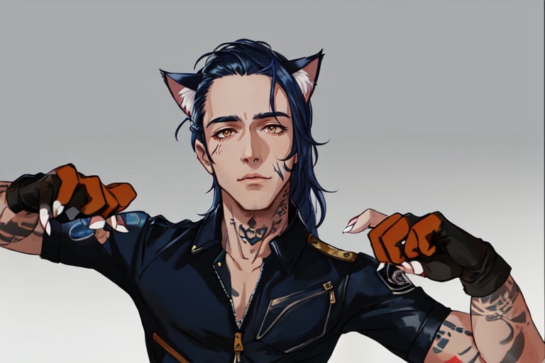 1boy, male focus, long hair, fluffy hair,   navy blue hair, cat ears, animal ears, animal ear fluff, gold eyes, leather jacket, tshirt, portrait, upper body, tattoos, anarchist vibes, clawed gloves, clean shaven