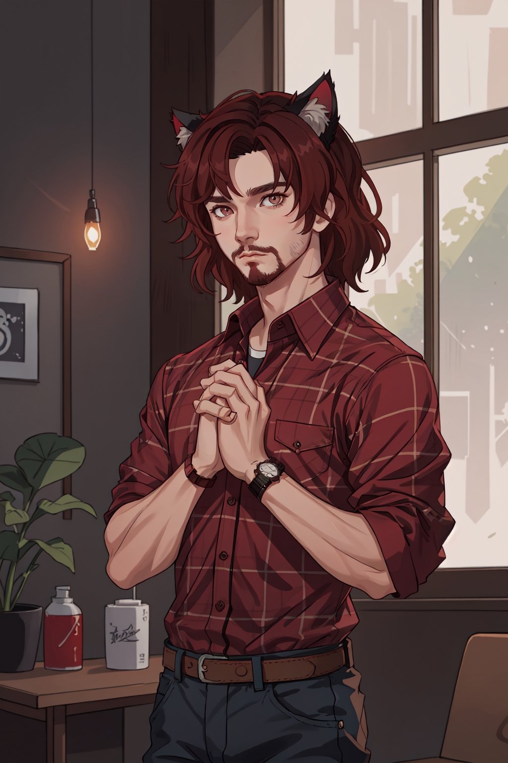 Matoyaiivi Naagora Solas, solo, brown hair, shirt, 1boy, animal ears, male focus, red hair, pants, cat ears, plaid, window, facial hair, own hands together, denim, red shirt, watch, wristwatch, plaid shirt, animal ears, animal ear fluff, indoors,  depth of field, specular highlights,art by artgerm