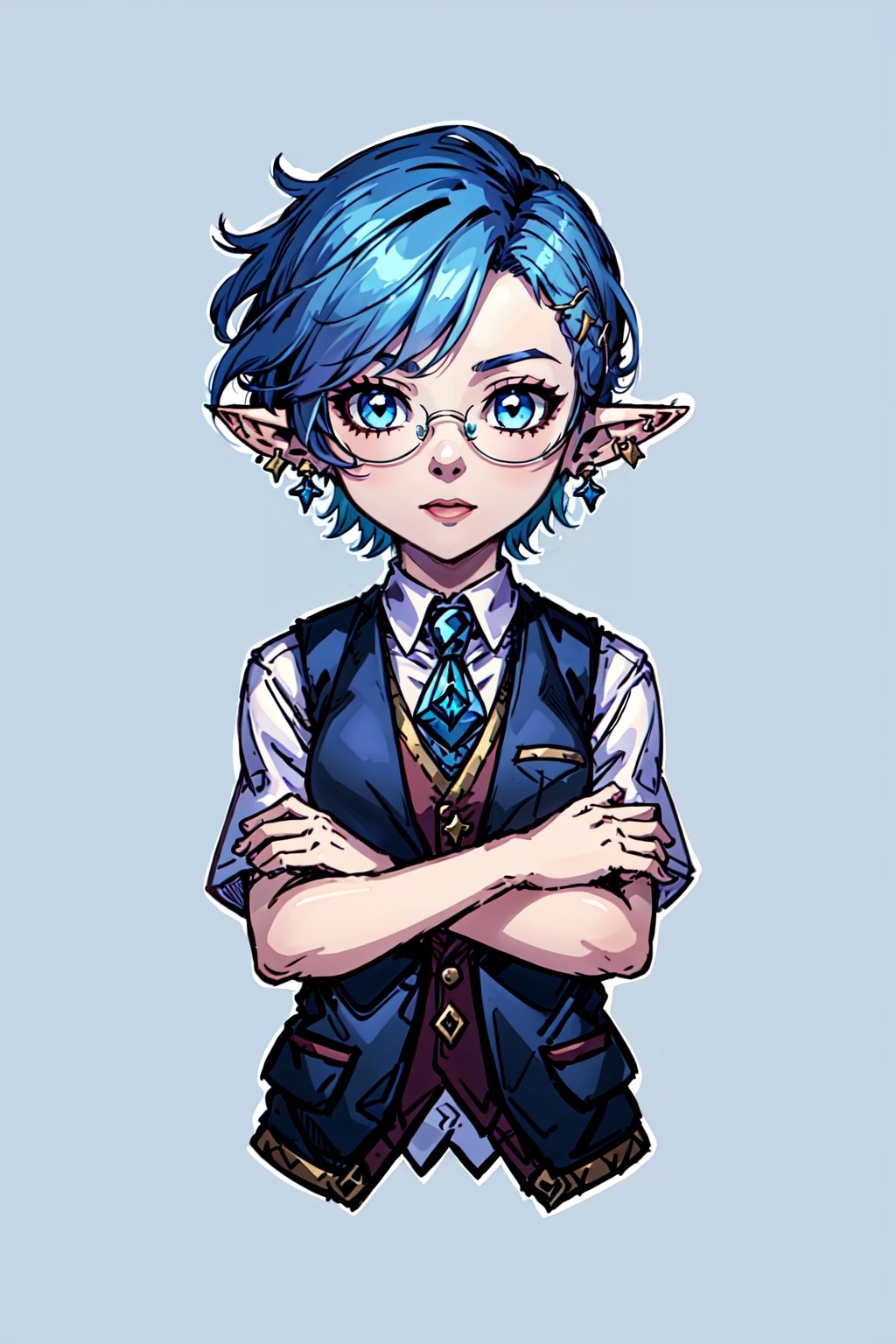 Duskfallcrew Art Style, 1girl, solo, looking at viewer, short hair, blue eyes, jewelry, blue hair, earrings, glasses, pointy ears, vest, transparent background, crossed arms,chibi, lalafell 