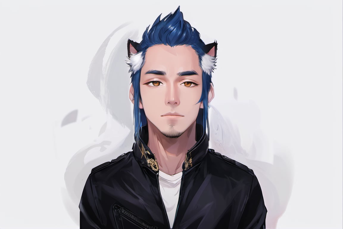 1boy, male focus, american, long hair, fluffy hair, navy blue hair, cat ears, animal ears, animal ear fluff, gold eyes, leather jacket, tshirt, portrait, upper body, tattoos, anarchist vibes, clean shaven