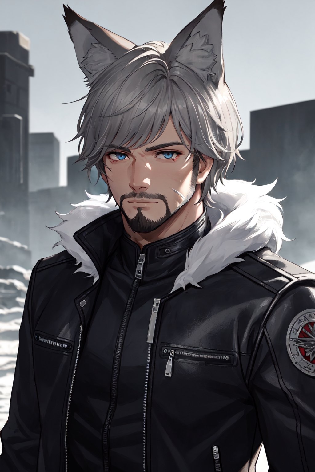 Andrew Bryant, 1boy, male focus, solo, two tone hair, grey hair, dusty brown hair, blue eyes, facial hair, beard, fox ears, silver fox vibes, gruff, dry looking skin, anthro, animal ears, animal ear fluff, furry, leather jacket with patches, detailed face, detailed eyes, detailed hair, tonemapping, ultra sharp, extremely detailed, side lighting, rim lighting, specular highlights,