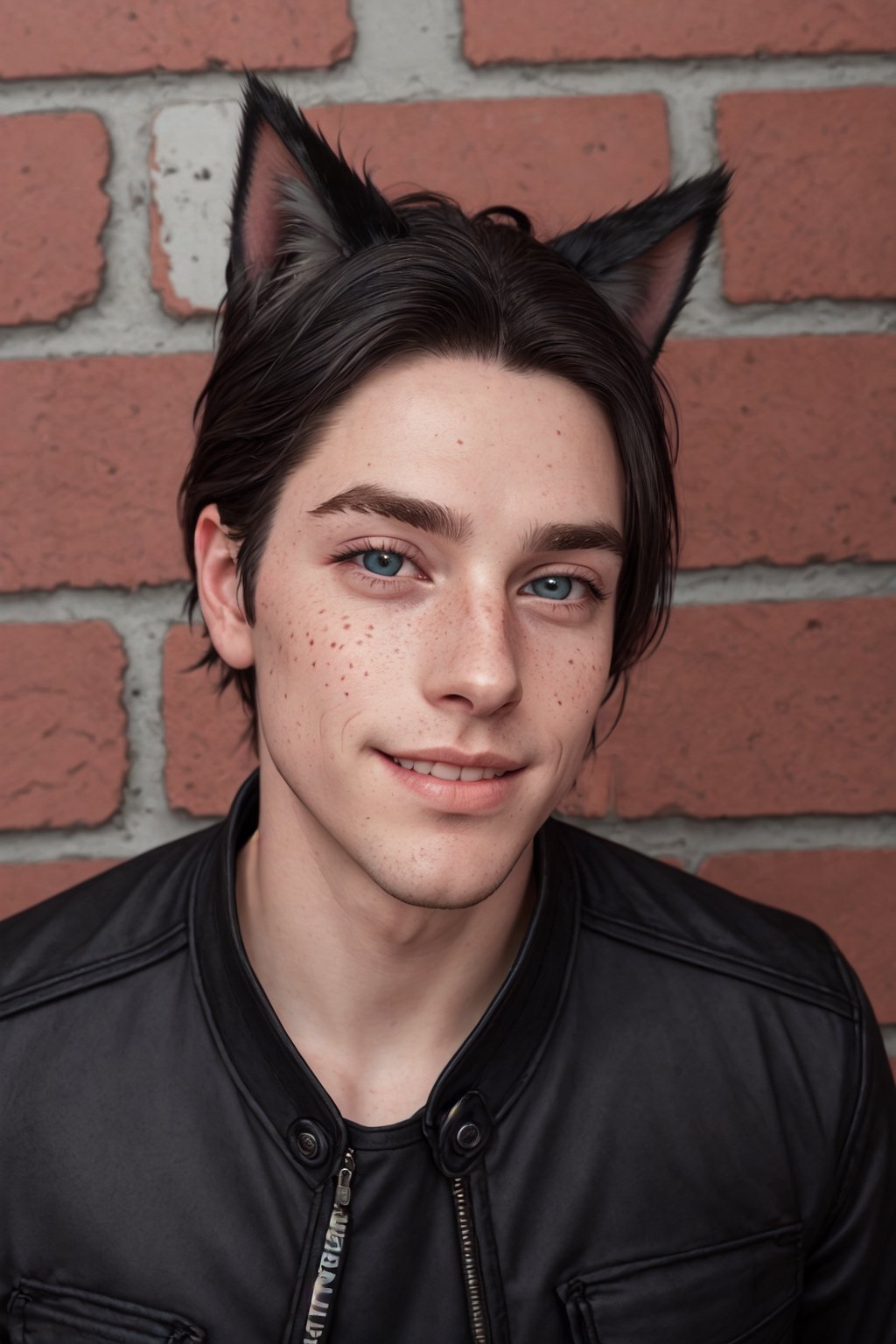 Maverick Ellis Rowe, 1boy, male focus, solo,  looking at viewer, smile, blue eyes, black hair, animal ears, animal ear fluff, cat ears, lips, portrait, freckles, realistic, brick wall