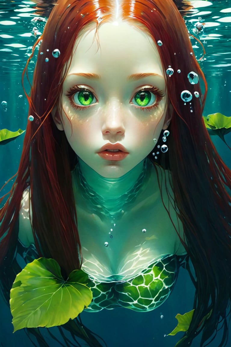 1girl, solo, long hair, looking at viewer, green eyes, red hair, parted lips, water, lips, leaf, looking up, monster girl, partially submerged, freckles, fish, underwater, air bubble,