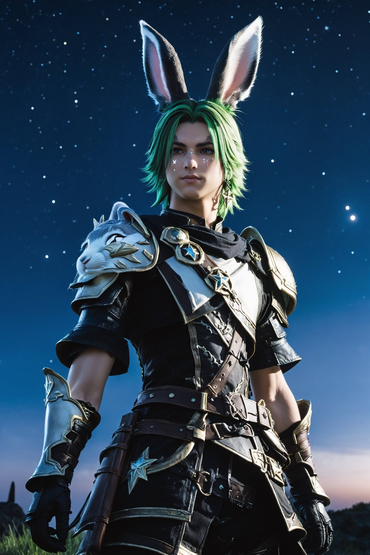 Khitli Viera, 1boy, male focus, solo, short hair, gloves, animal ears, jewelry, weapon, earrings, outdoors, green hair, sky, rabbit ears, armor, from side, night, moon, shoulder armor, star (sky), night sky, starry sky, viera 