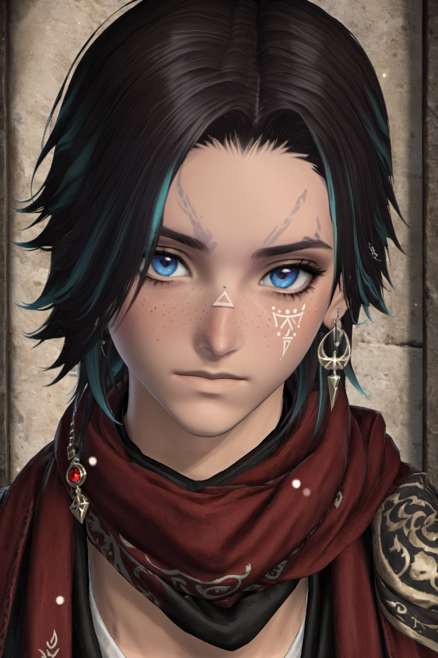 Khitli Viera, 1boy, male focus, solo, looking at viewer, short hair, blue eyes, black hair, jewelry, closed mouth, earrings, scarf, tattoo, facial mark, portrait, freckles, red scarf, 