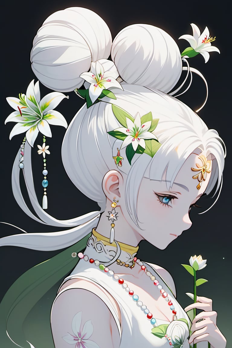 SM Nouveau, art nouveau,1girl, solo, flower, double bun, lily \(flower\), jewelry, hair bun, long hair, twintails, staff, crescent, white hair, beads, holding, dress, facial mark, gem, white dress, upper body, earrings, bead bracelet, bracelet, crescent facial mark, colored skin, holding staff, white flower