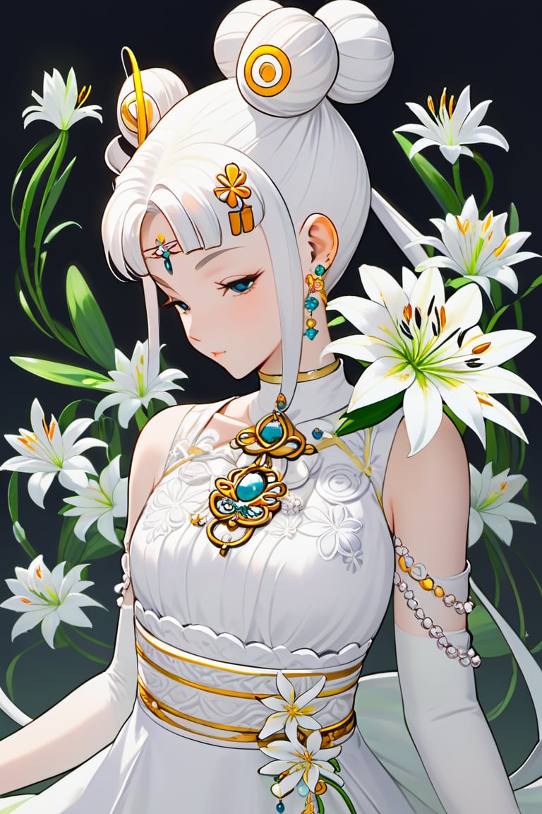 SM Nouveau, art nouveau,1girl, solo, flower, double bun, lily \(flower\), jewelry, hair bun, long hair, twintails, staff, crescent, white hair, beads, holding, dress, facial mark, gem, white dress, upper body, earrings, bead bracelet, bracelet, crescent facial mark, colored skin, holding staff, white flower