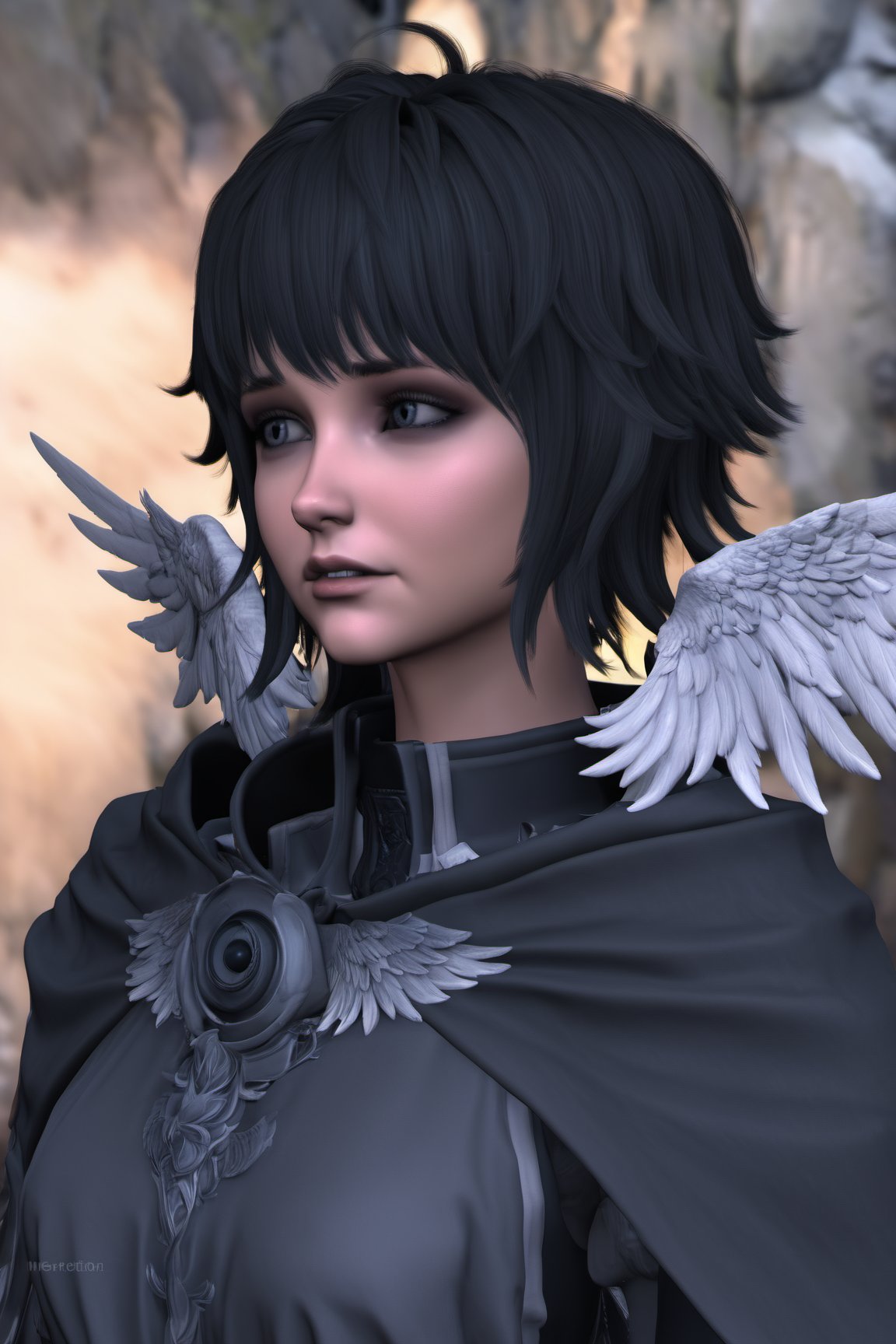 Meteion 1girl, solo, short hair, open mouth, bangs, black hair, wings, teeth, tears, grey eyes,  crying, head wings, portrait, feathered wings, crying with eyes open, bird wings, sad