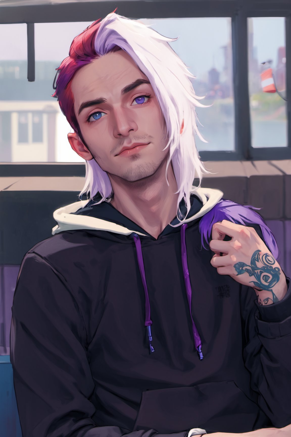 1boy, male focus, pale skin, american, long hair, fluffy hair, two tone hair, purple hair, multicolored hair, red hair, navy blue hair, hooded jacket, tshirt, portrait, upper body, tattoos, anarchist vibes, clean shaven