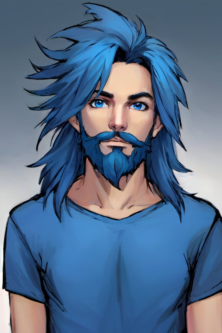 1boy, male focus, solo, facial hair, beard, blue hair, blue eyes,  long hair, closed mouth, mustache, shirt, portrait, upper body, wild hair, fluffy hair, wind swept hair