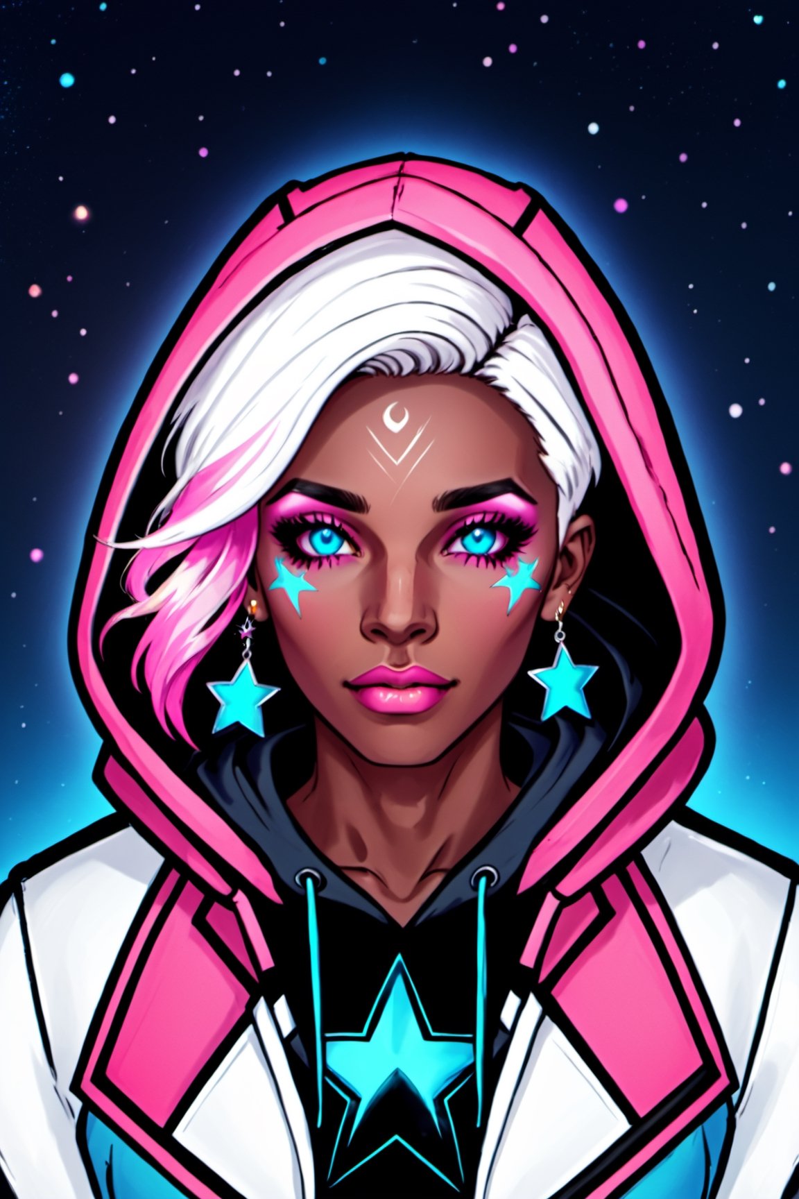 Duskfallcrew Art Style, 1girl, solo, looking at viewer, blue eyes, jewelry, jacket, upper body, pink hair, white hair, earrings, parted lips, open clothes, dark skin, hood, medium hair, necklace, star (symbol), open jacket, dark-skinned female, lips, gradient, eyelashes, hoodie, makeup, turtleneck, piercing, hood down, blue jacket, ear piercing, star (sky), hooded jacket, eyeshadow, starry sky, drawstring, star print, star earrings, starry background, star necklace