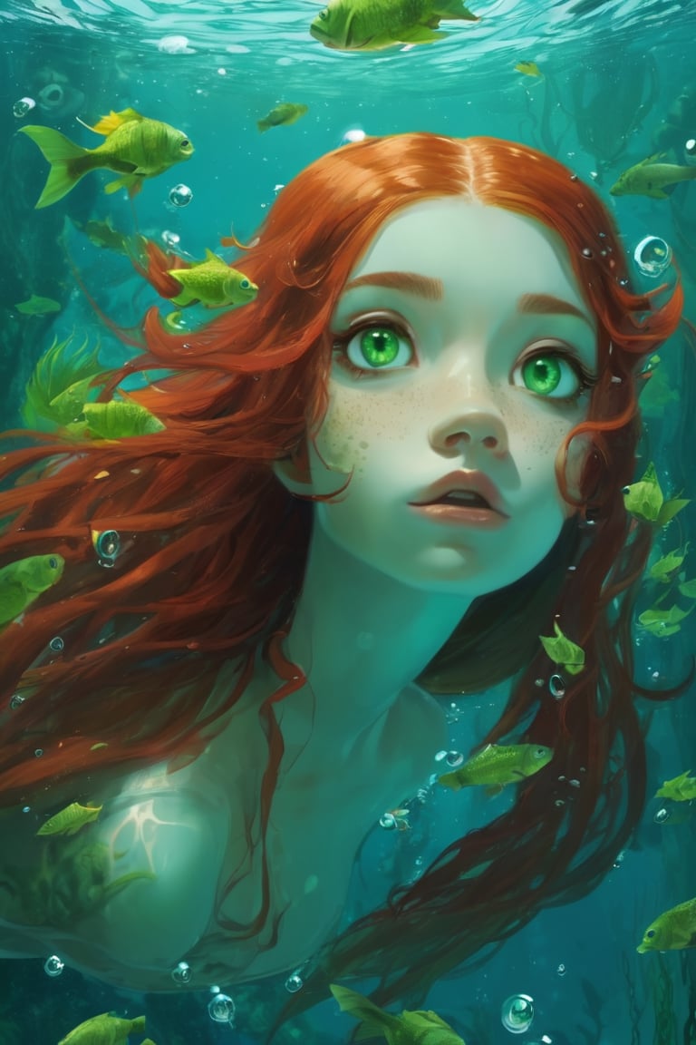 1girl, solo, long hair, looking at viewer, green eyes, red hair, parted lips, water, lips, leaf, looking up, monster girl, partially submerged, freckles, fish, underwater, air bubble,