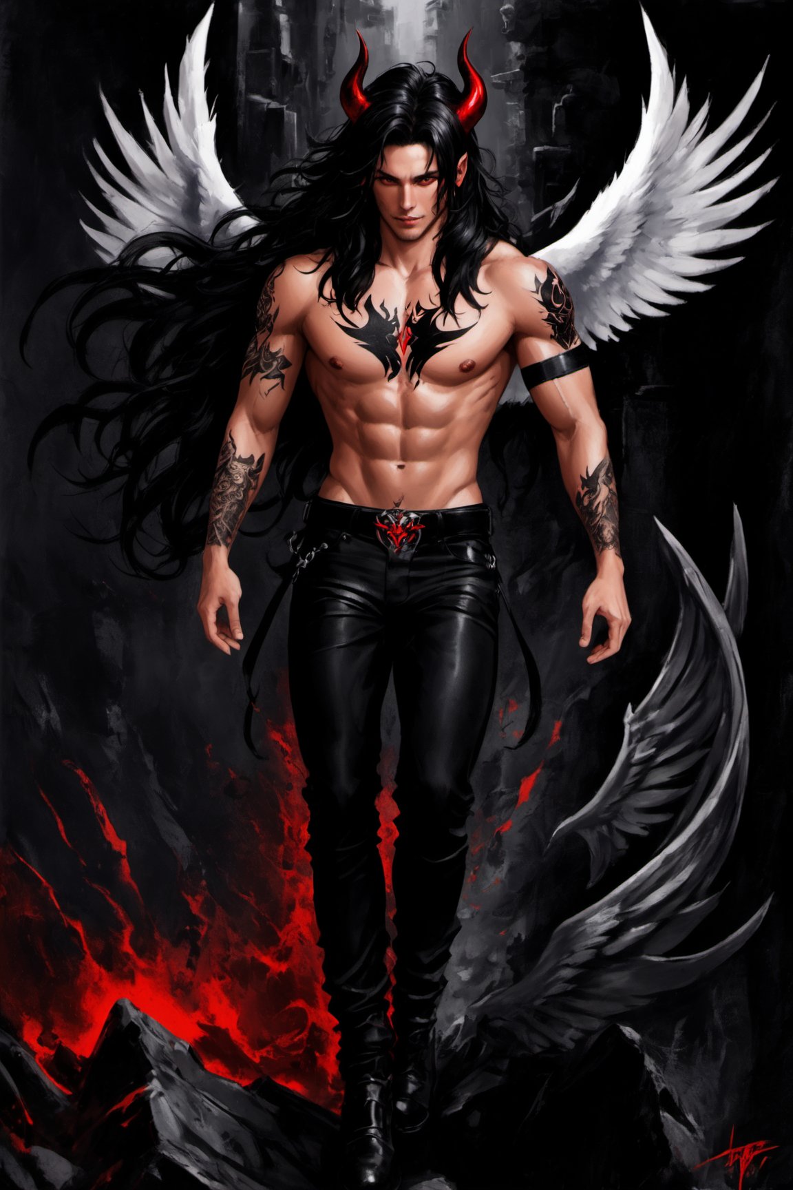 solo, long hair, looking at viewer, black hair, red eyes, 1boy, tail, full body, male focus, wings, horns, belt, pants, tattoo, muscular, black pants, pectorals, muscular male, demon horns, demon tail, demon wings, topless male, angel wings, leather, chest tattoo, demon, demon boy, leather pants
