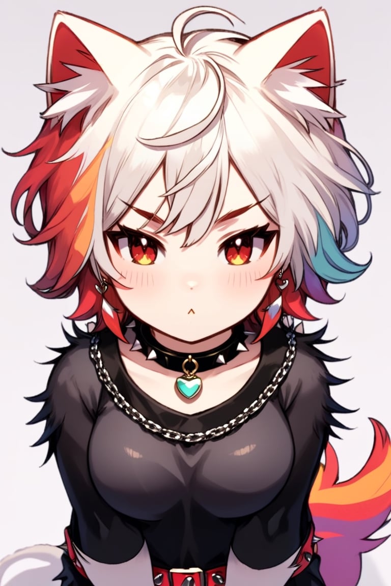 Niji Kei, neko, looking at viewer, blush, short hair, bangs, brown hair, black hair, red eyes, animal ears, jewelry, closed mouth, tail, upper body, white hair, red hair, multicolored hair, earrings, belt, cat ears, necklace, collar, two-tone hair, streaked hair, cat tail, chain, frown, arms behind back, cat girl, :<, spikes, 1boy 