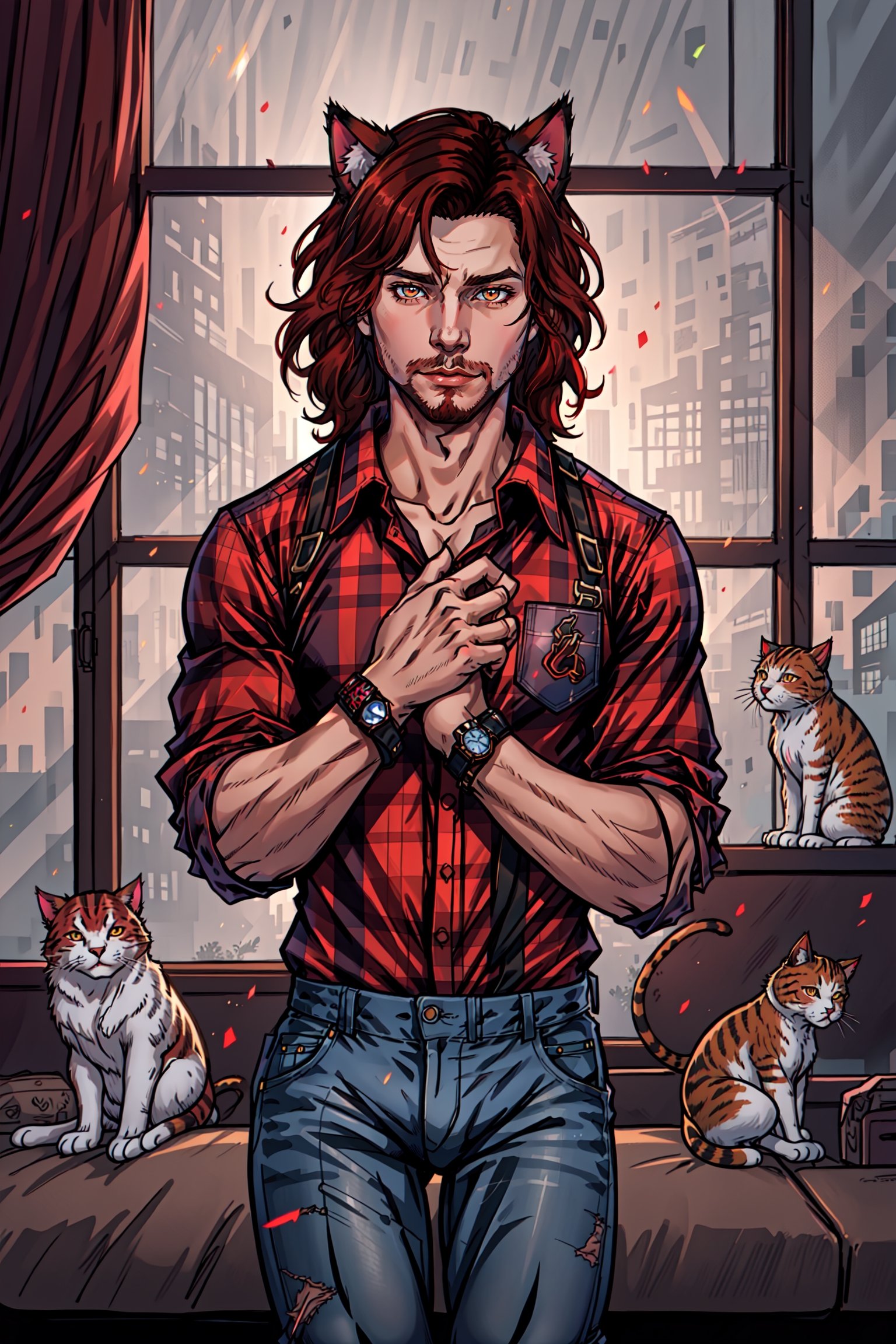 Matoyaiivi Naagora Solas, solo, brown hair, shirt, 1boy, animal ears, male focus, red hair, pants, cat ears, plaid, window, facial hair, own hands together, denim, red shirt, watch, wristwatch, plaid shirt, animal ears, animal ear fluff, indoors,  depth of field, specular highlights,art by artgerm