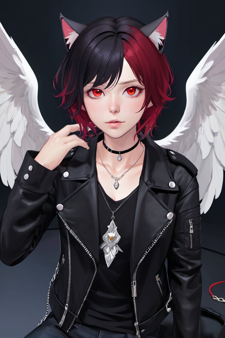 solo, looking at viewer, short hair, blue eyes, shirt, black hair, red eyes, animal ears, jewelry, jacket, upper body, red hair, open clothes, wings, horns, cat ears, necklace, open jacket, lips, black jacket, black shirt, heterochromia, feathered wings, angel wings, white wings, leather, single wing, leather jacket, 