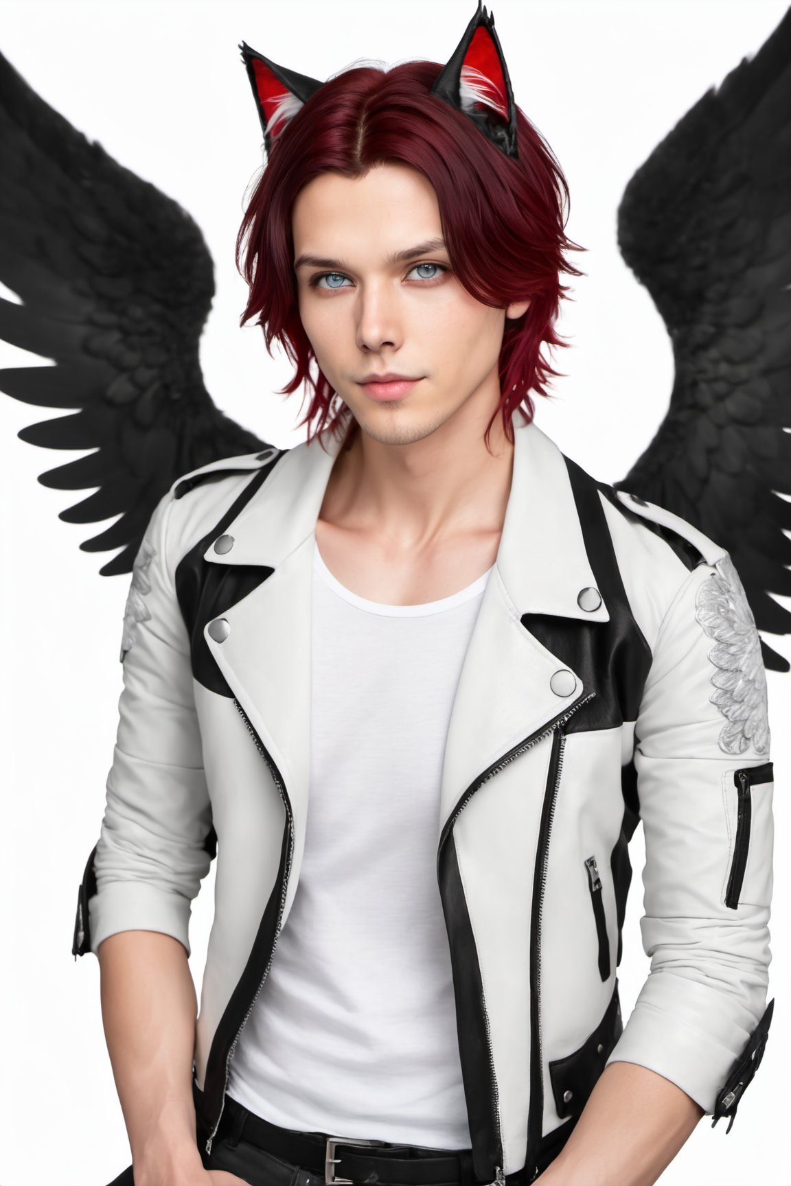 solo, looking at viewer, short hair, blue eyes, shirt, black hair, red eyes, animal ears,  jacket, upper body, red hair, open clothes, wings,  cat ears,  open jacket, black jacket, black shirt, heterochromia, feathered wings, angel wings, white wings, leather, single wing, leather jacket, 