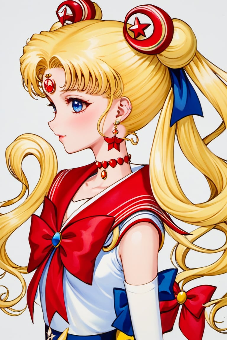 SM Nouveau, 1girl, sailor senshi uniform, solo, blonde hair, long hair, jewelry, choker, sailor collar, red choker, crescent, earrings, blue sailor collar, magical girl, twintails, upper body, bow, double bun, hair bun, red bow, hair ornament, from side, star \(symbol\), crescent earrings, bowtie, character name, red bowtie, profile, art nouveau