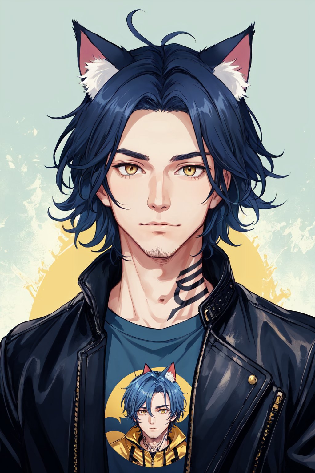 1boy, male focus, long  dark blue hair, cat ears, animal ears, animal ear fluff, gold eyes, leather jacket, tshirt, portrait, upper body, tattoos, anarchist vibes