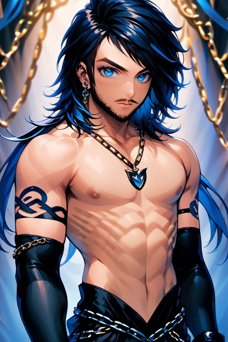 Niji Kei, looking at viewer, blue eyes, black hair, gloves, 1boy, navel, jewelry, closed mouth, male focus, earrings, black gloves, midriff, fingerless gloves, medium hair, necklace, crop top, tattoo, muscular, facial hair, piercing, abs, ear piercing, beard, stubble, arm tattoo, chain necklace