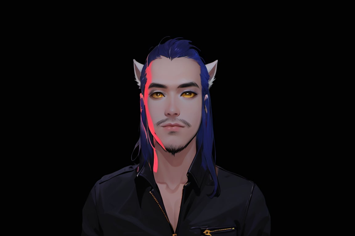 1boy, male focus, long hair, fluffy hair, navy blue hair, cat ears, animal ears, animal ear fluff, gold eyes, leather jacket, tshirt, portrait, upper body, tattoos, anarchist vibes, clean shaven