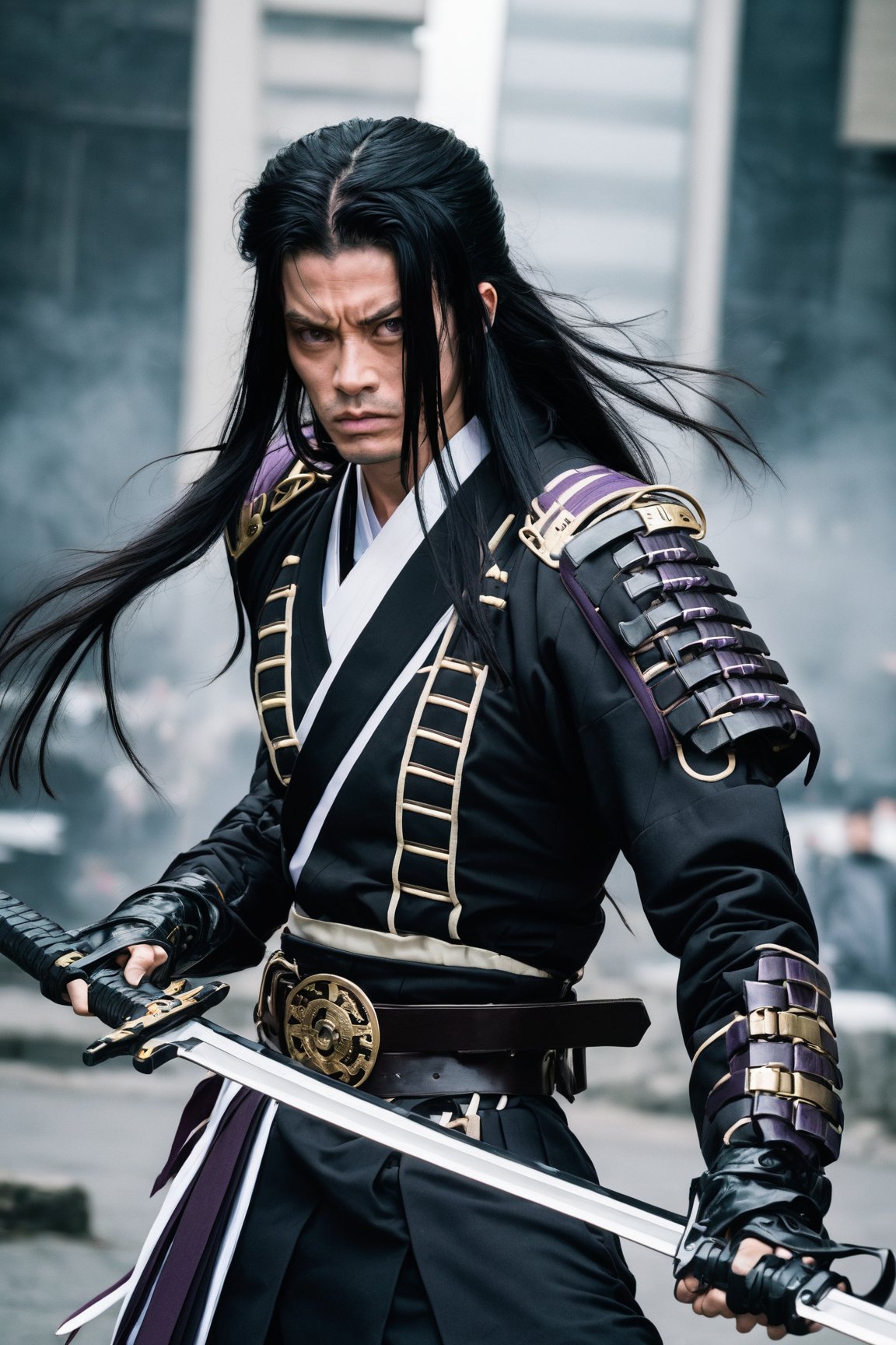 weapon, 1boy, sword, male focus, solo, purple eyes, black hair, katana, sheath, uniform, belt, fighting stance