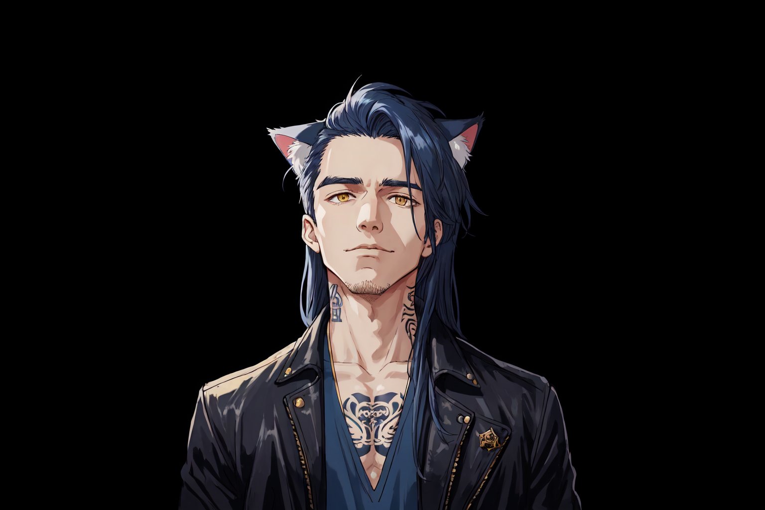 1boy, male focus, long hair, fluffy hair,   navy blue hair, cat ears, animal ears, animal ear fluff, gold eyes, leather jacket, tshirt, portrait, upper body, tattoos, anarchist vibes, clean shaven