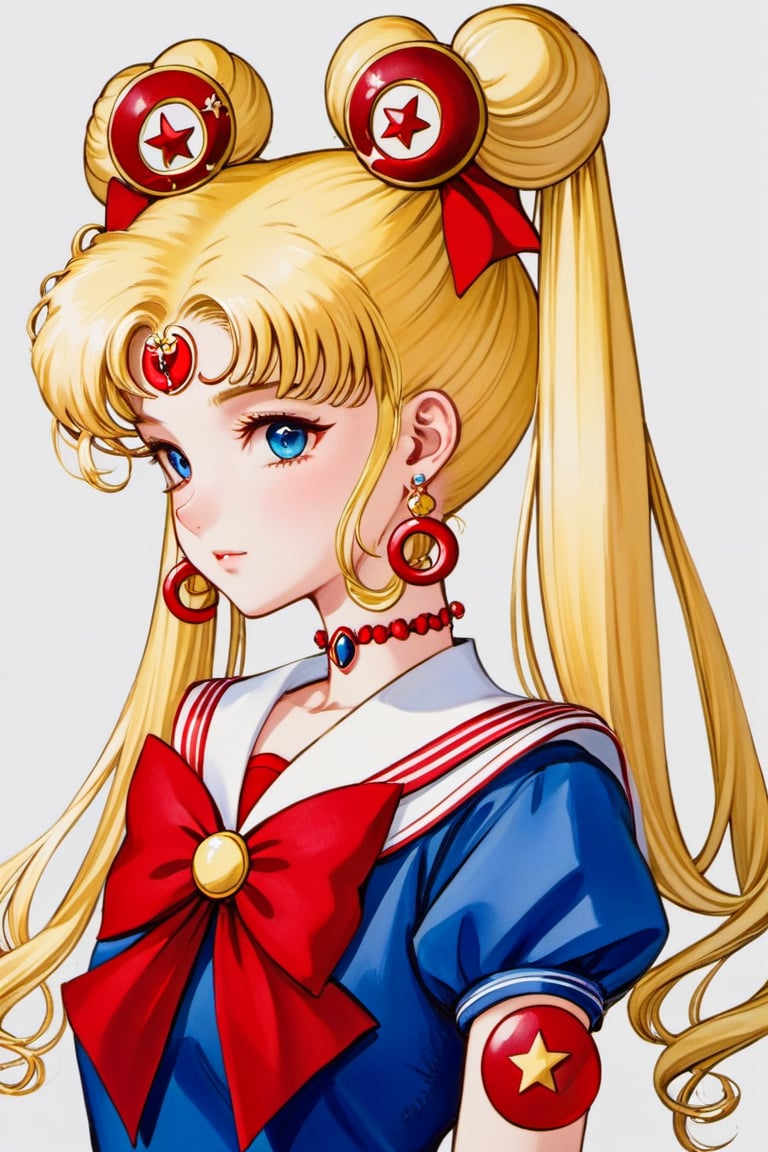 SM Nouveau, 1girl, sailor senshi uniform, solo, blonde hair, long hair, jewelry, choker, sailor collar, red choker, crescent, earrings, blue sailor collar, magical girl, twintails, upper body, bow, double bun, hair bun, red bow, hair ornament, from side, star \(symbol\), crescent earrings, bowtie, character name, red bowtie, profile, art nouveau