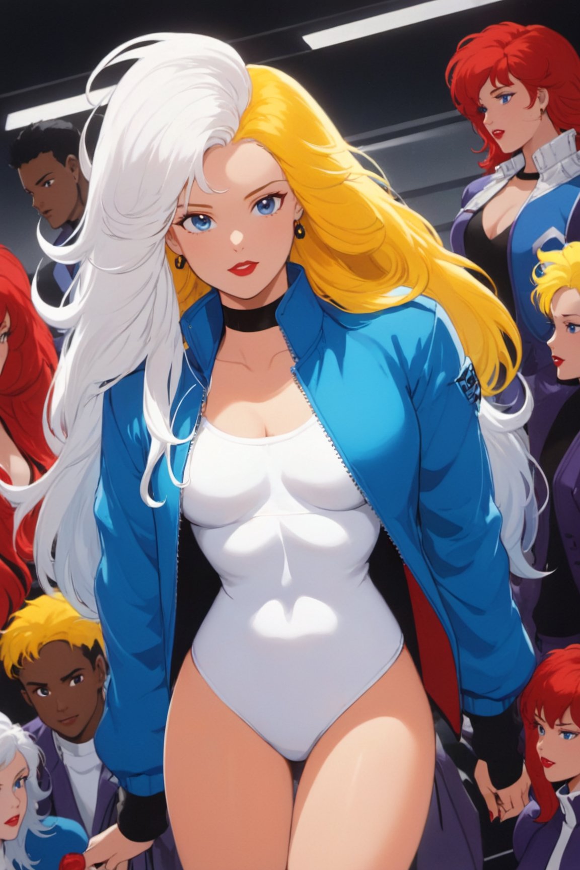 1girl, long hair, blonde hair, 1boy, jacket, white hair, red hair, multicolored hair, dark skin, two-tone hair, bodysuit, makeup, muscular, headband, colored skin, lipstick, blue skin, retro artstyle, yellow bodysui