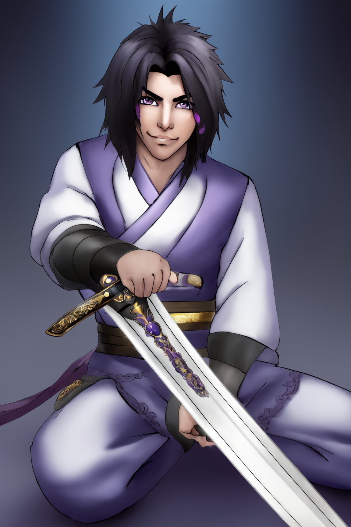 1boy, weapon, sword, male focus, solo, sitting, crossed legs, katana, petals, black hair, smile, boots, sheath, purple eyes, sheathed, white background, looking at viewer, ascot, 