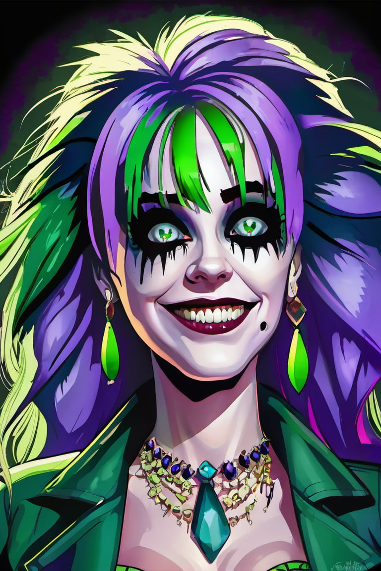 horror theme, beetlejuice, poitergeist, 1girl, solo, purple eyes, looking at viewer, long hair, jewelry, smile, breasts, multicolored hair, green hair, earrings, cleavage, upper body, teeth, fangs, hair between eyes, jacket, streaked hair, bangs