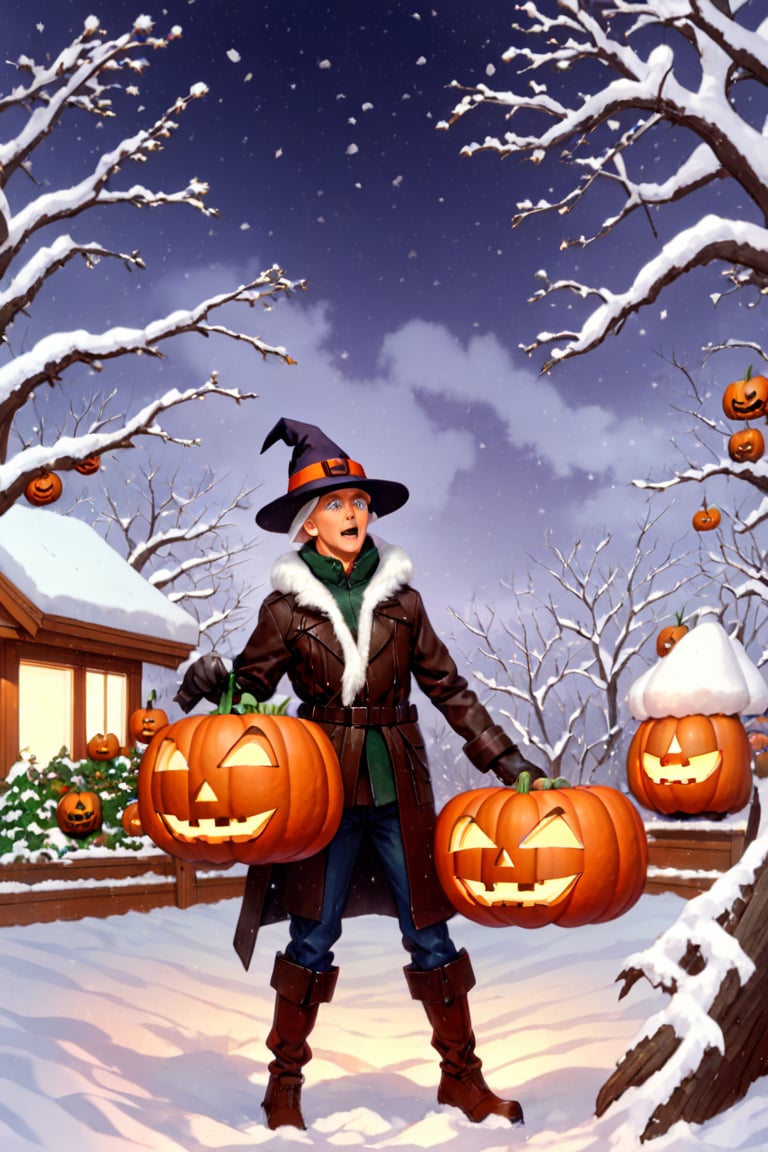 gloves, 1boy, hat, white hair, male focus, outdoors, multiple boys, sky, pants, tree, building, snow, halloween, snowing, jack-o'-lantern, pumpkin, house, old, winter, cane
