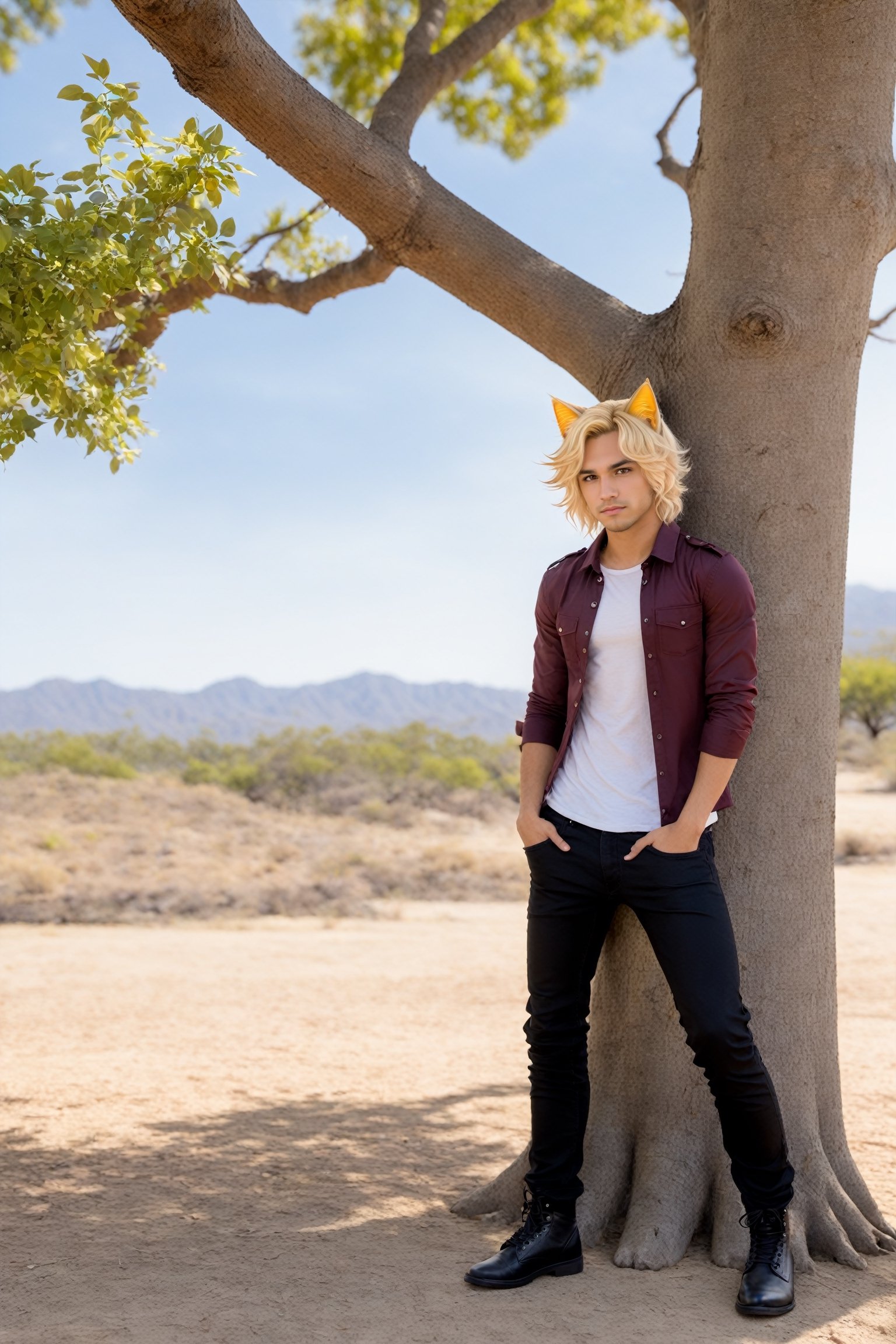 Phoenix Montoya,male focus, brown eyes,solo , blonde hair, cat ears, animal ears, day, looking at viewer,full body, leaning on a tree, standing, outdoors, sky,