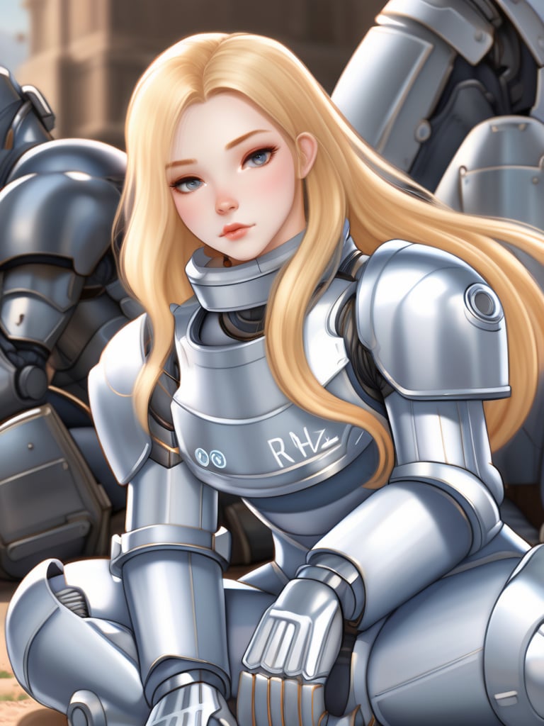 rcz1, illustration,a woman with long blonde hair sitting on the ground, wears a suit of power armor, closeup character portrait, cute detailed digital art, artgerm and lois van baarle, japanese anime, 1girl