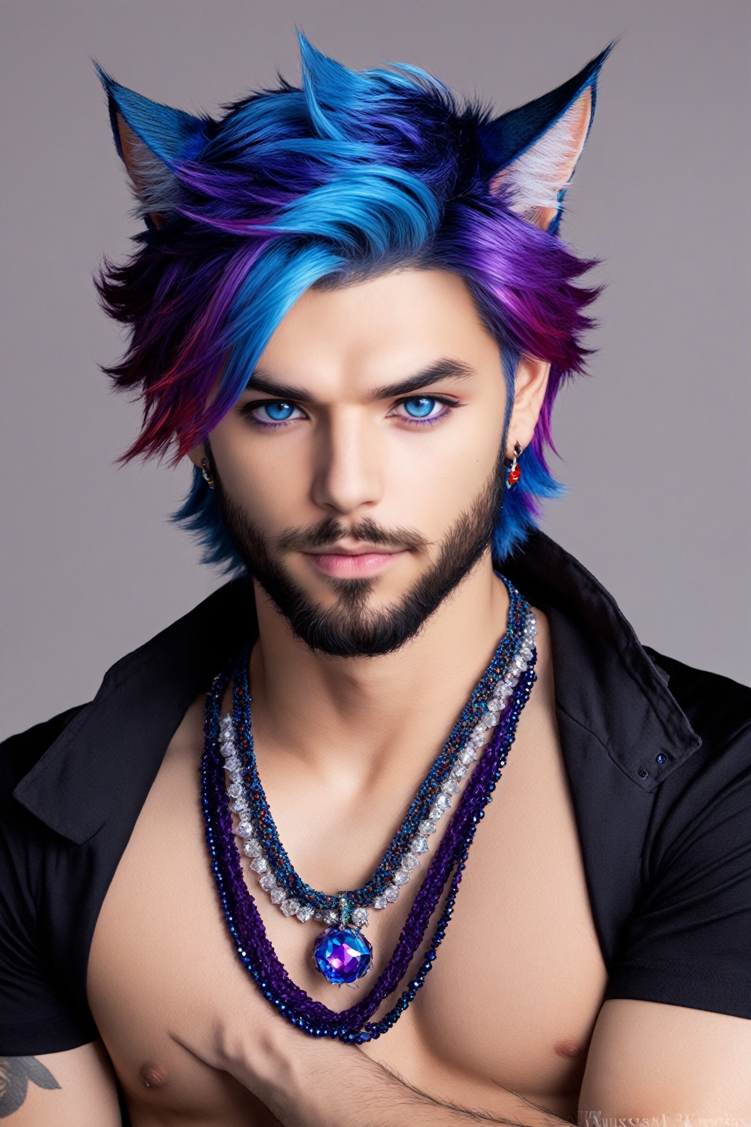 Khitli Locar, Miqote, cat boy,beard, blue eyes, blue hair, purple hair, stubble, cat boy, closed mouth, earrings, facial hair, jewelry, looking at viewer, multicolored hair, portrait, red eyes