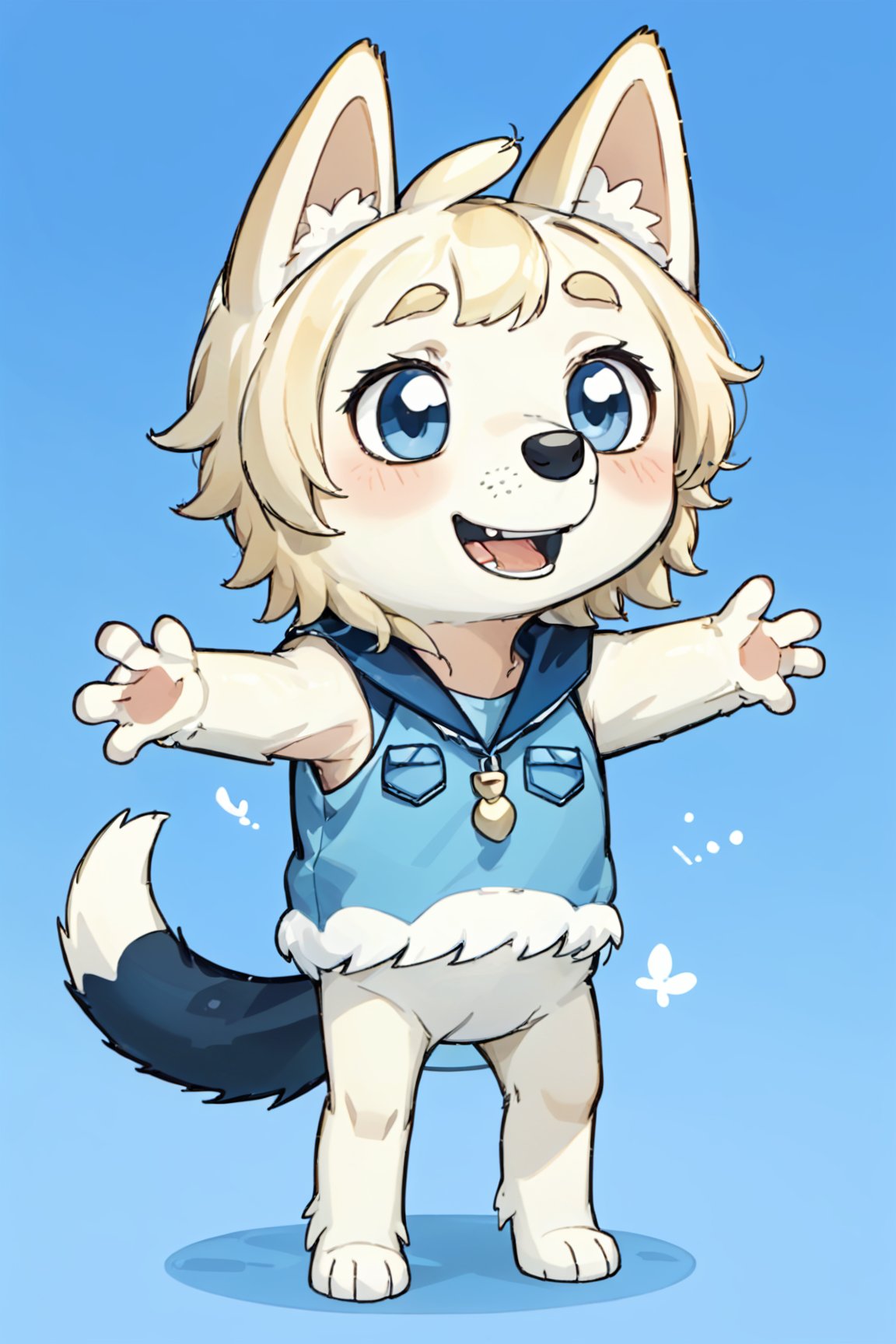 Bluey Style, Bluey Irwin Chibi, blue heeler, two-tone fur,   blue fur, white fur, solo, looking at viewer, smile, open mouth, simple background, 1girl, animal ears, standing, tail, full body, male focus, black eyes, arms up, blue background, happy, outstretched arms, furry, furry girl, body fur, animal nose, 