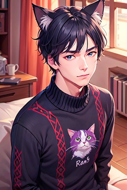 animal ears, solo, 1boy, male focus, cat ears, black hair, sweater, argyle, 