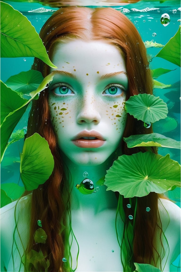 1girl, solo, long hair, looking at viewer, green eyes, red hair, parted lips, water, lips, leaf, looking up, monster girl, partially submerged, freckles, fish, underwater, air bubble,