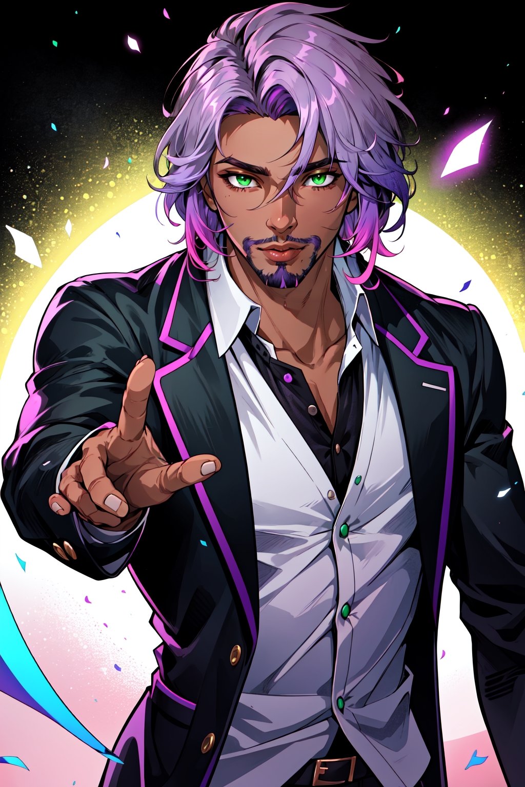 solo, 1boy, male focus,  dark skinned male, dark skin, light purple hair,  green eyes, stubble, goatee, lips, shirt, open_blazer, hyur, specular highlights, gradient, dynamic pose,