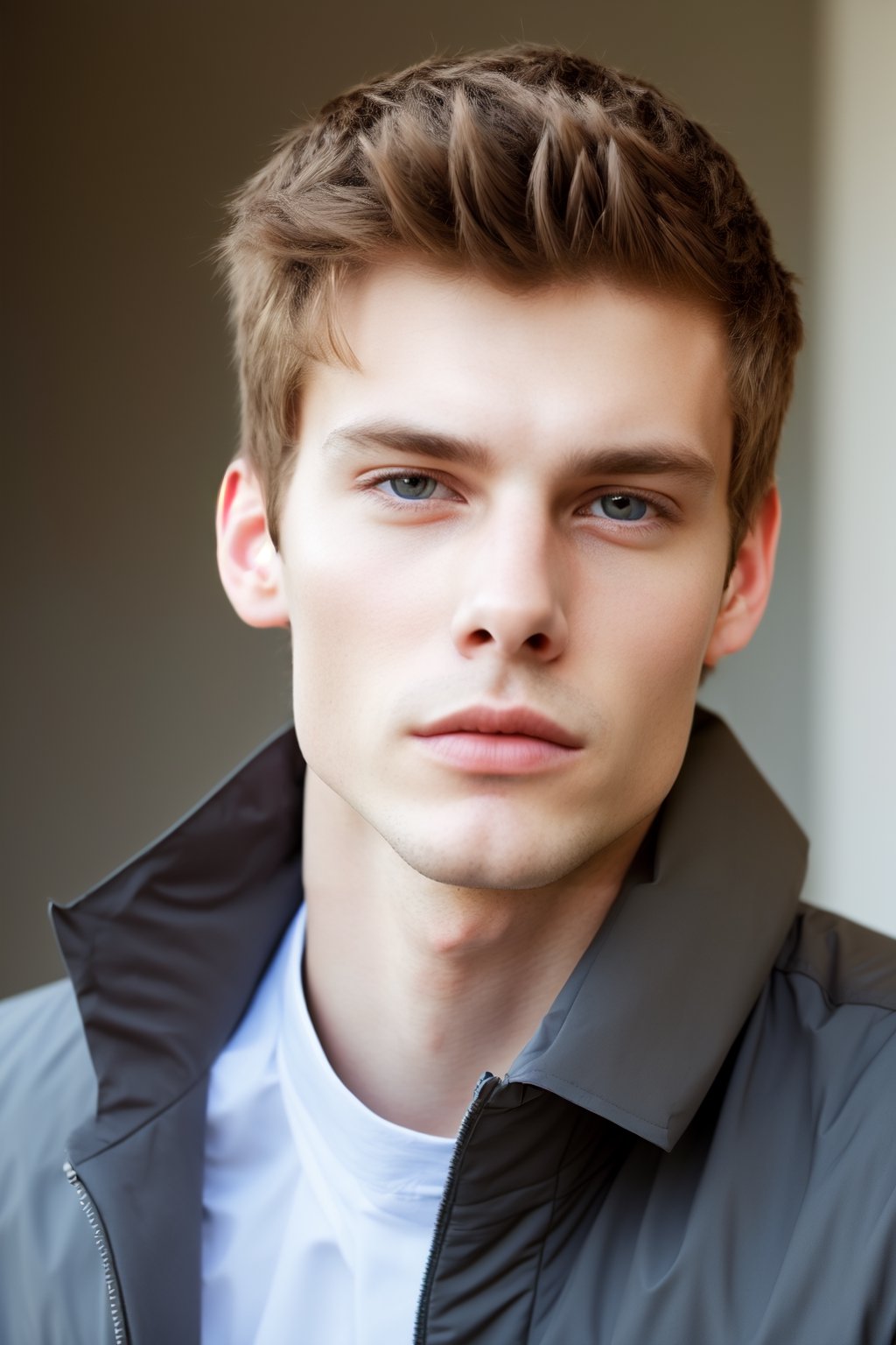 1boy, male focus, masculine, solo, looking at viewer, short hair, blue eyes, brown hair, shirt, closed mouth, jacket, male focus, black shirt, facial hair, portrait, realistic, light stubble,