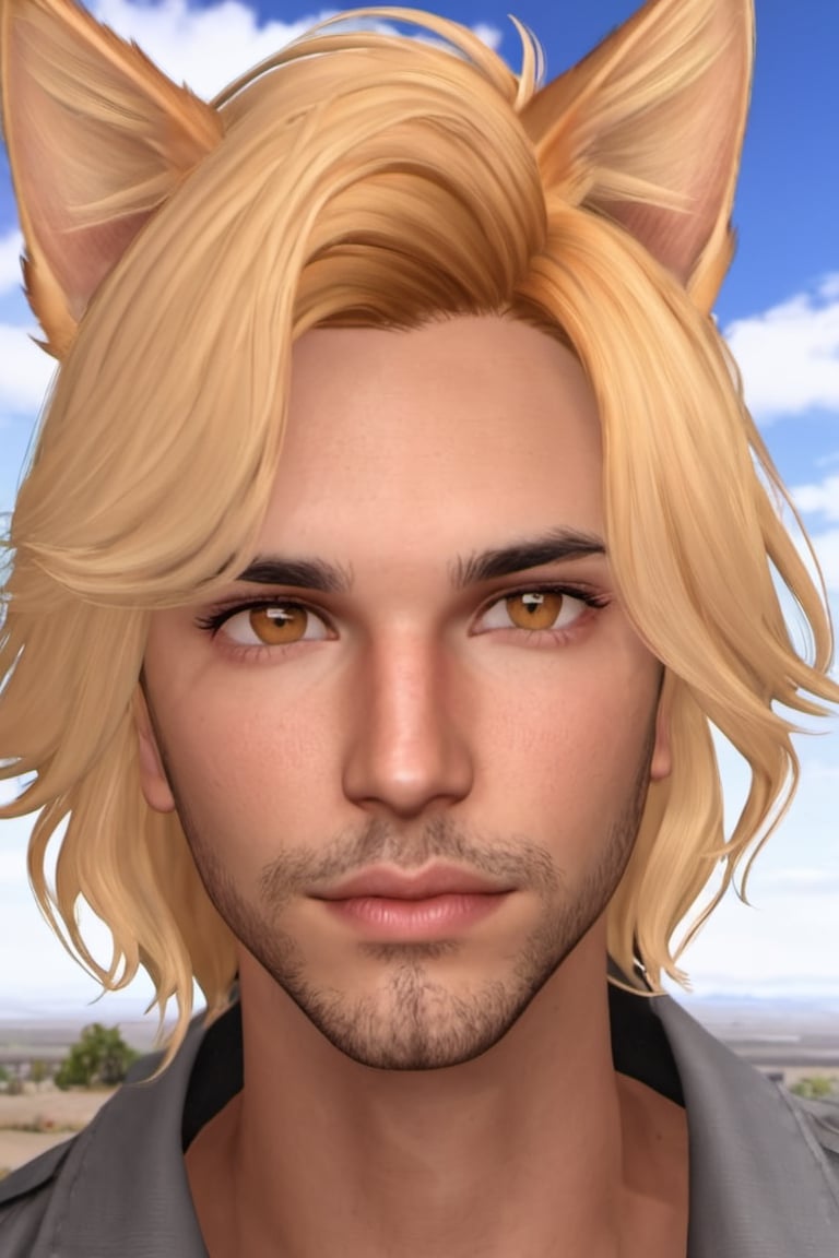 Phoenix Montoya, blonde hair, male focus, brown eyes, cat ears, animal ears, day, lips, looking at viewer, first person view, outdoors, sky, solo