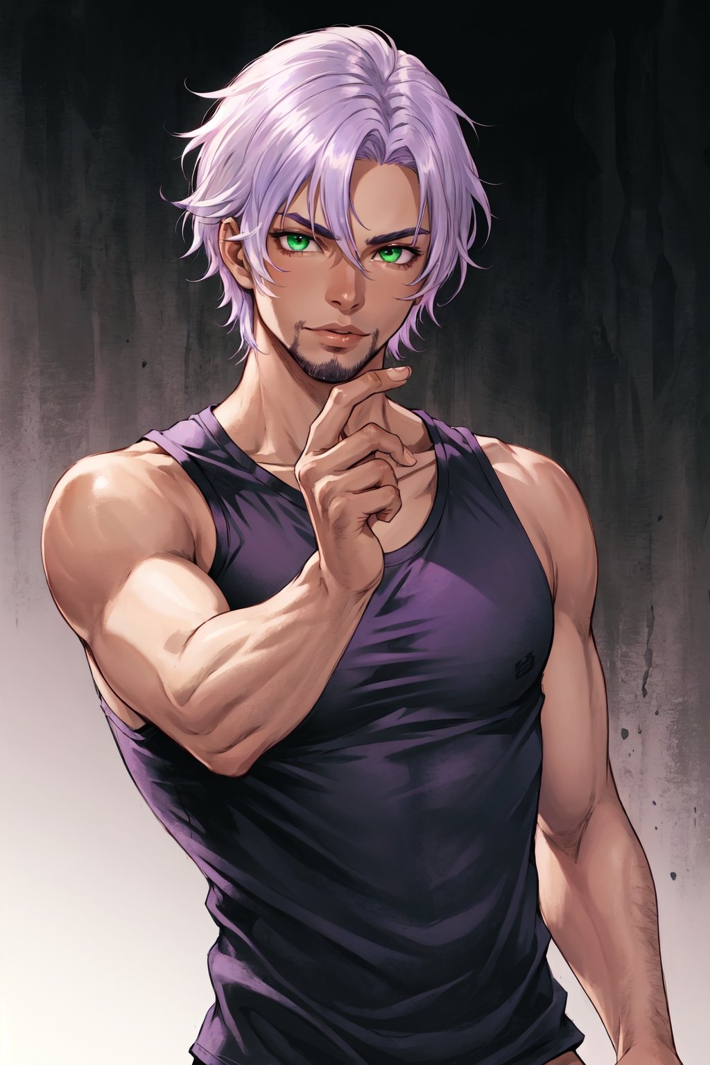 solo, 1boy, male focus, light purple hair,  green eyes, stubble, goatee, dark skinned male, dark skin, lips, shirt, tank top, hyur, specular highlights, gradient, dynamic pose,