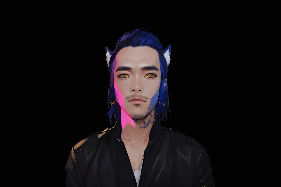 1boy, male focus, long hair, fluffy hair, navy blue hair, cat ears, animal ears, animal ear fluff, gold eyes, leather jacket, tshirt, portrait, upper body, tattoos, anarchist vibes, clean shaven